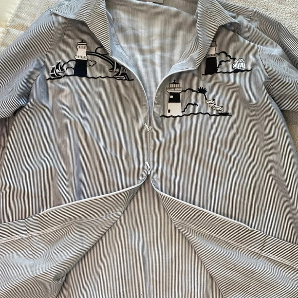 Vintage Light House stitched zip front pinstripe blouse by Las Olas size Medium - Picture 7 of 8